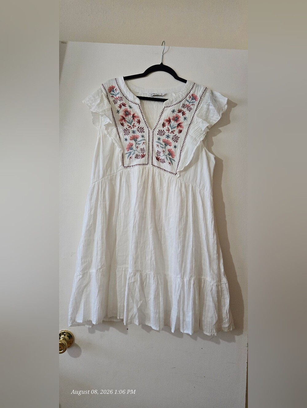 Sonoma White Summer Dress with Pink Floral Embroidery